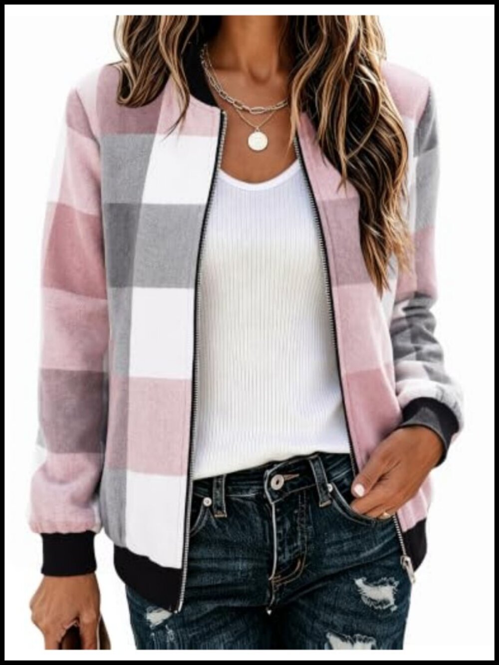 Zeagoo Women's Lightweight Plaid Flannel Bomber Jacket Zip Up